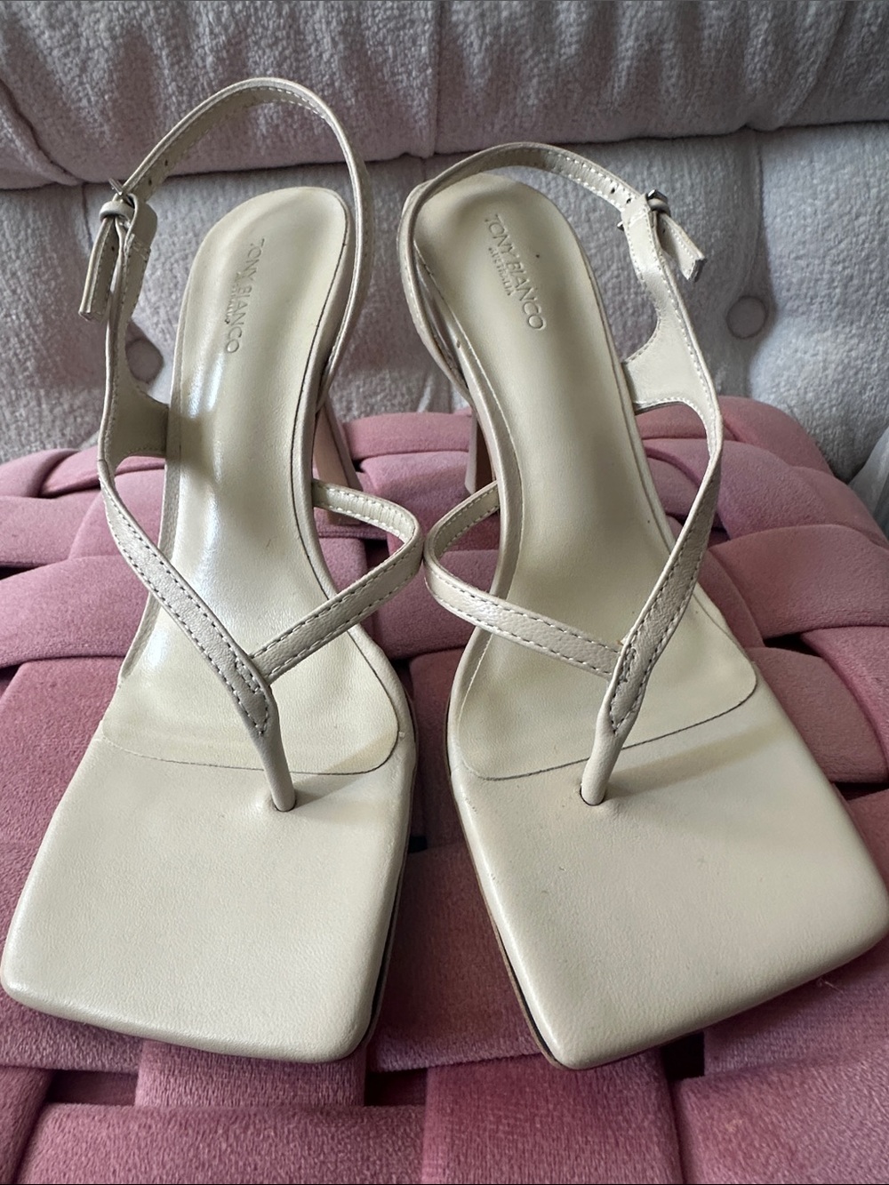 Tony Biiano Cream Square-Toe Slingback Heels